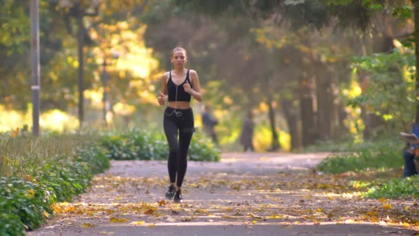 Mladá dívka v kombinéze s sluchátka v podzimní park, přestane se podívat do smartphone a pokračuje v běhu. — Stock video