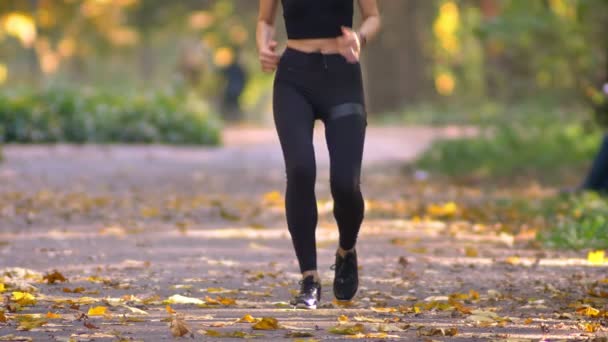 Nahaufnahme eines Mädchens im Jumpsuit mit Kopfhörern im herbstlichen Park, hält an, um ihre Snickers zu binden und joggt weiter. — Stockvideo