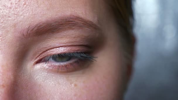 Gros plan bel oeil de femme caucasienne regardant la caméra droite, clignotant, à l'intérieur, fond gris — Video