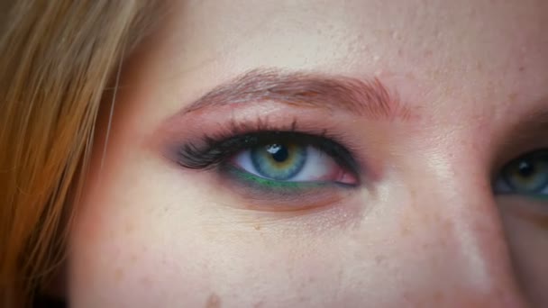 Hermosa vista de la mujer caucásica mirando a la cámara con confianza cara relajada, ilustración de maquillaje — Vídeos de Stock