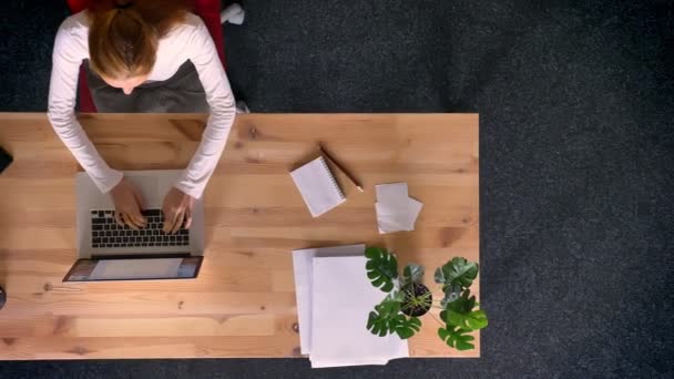 Dolly disparo, vista de arriba hacia abajo de la mujer de jengibre escribiendo en un ordenador portátil en la oficina — Vídeos de Stock