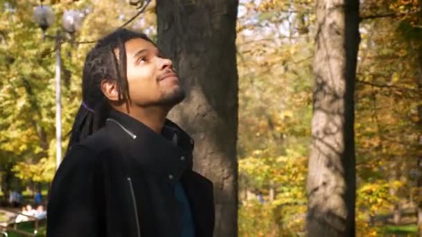 Portret Van Afro Amerikaanse Man Met Dreadlocks Herfst Park Rondlopen — Stockvideo