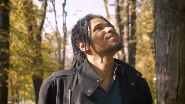 Afrikalı-Amerikalı adam görünümünü yürüyüş ve sonbahar park güzelliği gözlemleyerek dreadlocks ile çember. — Stok video