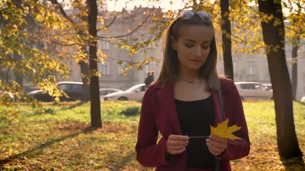 Приваблива молода жінка, що стоїть в парку, тримає жовтий лист і, хоча б дивлячись на камеру в красивий сонячний день — стокове відео