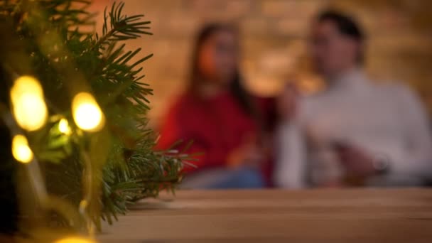 有灯光的圣诞树和模糊的年轻夫妇坐在沙发上 在背景上交谈 — 图库视频影像