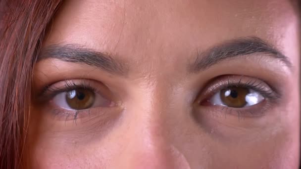 Close-up eye-portrait of young caucasian brown-headed woman watching calmly into camera. — Stock Video