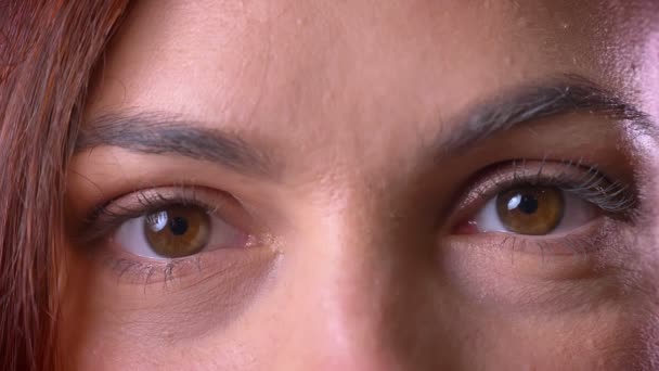 Close-up oog-portret van de jonge Kaukasische brown-headed vrouw rustig kijken in de camera. — Stockvideo