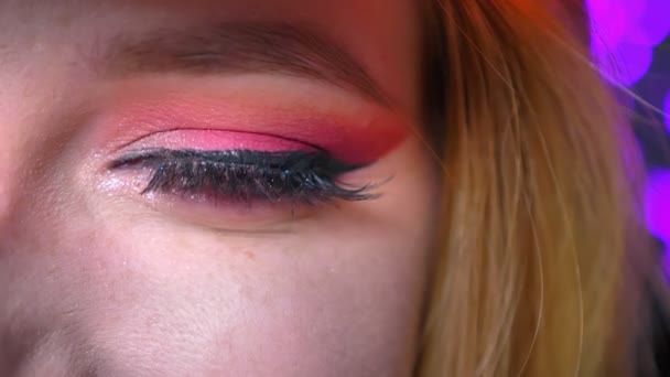 Nahaufnahme von atemberaubenden Augen Make-up rosa Schatten wunderschön gezogene Augenlinie und getönte Augenbrauen — Stockvideo