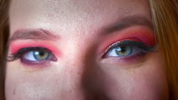 青い目の美しい女性化粧ピンクの色合いとゴールドのアイラインのクローズ アップ 目まっすぐの眉が 驚きの表現 — ストック動画