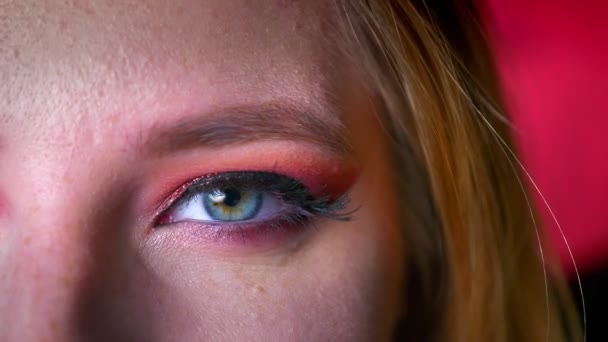 Primer plano de maquillaje hermoso ojo azul femenino con tonos rosados y eyeline de oro. Ojo mirando directamente a la cámara en el fondo rosa cereza — Vídeos de Stock