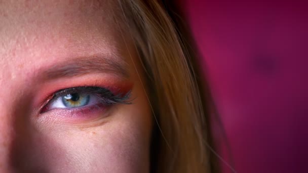 Close-up van de mooie vrouwelijke blauwe ogen make-up met tinten van roze en gouden eyeliner. Oog kijken recht op de camera op de violette achtergrond — Stockvideo