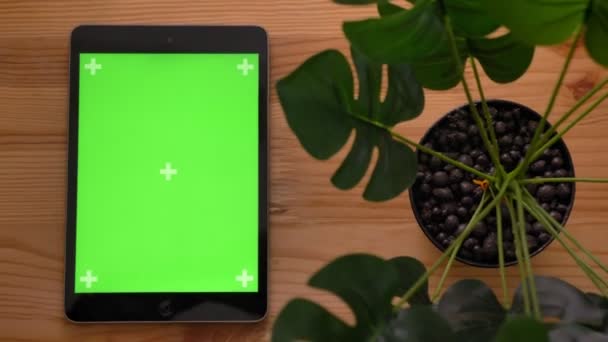 Snel inzoomen top shot van rechtop tablet met groene scherm met houten bureau en plant op achtergrond. — Stockvideo