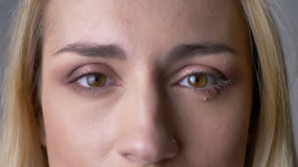 Close-up eye-portrait de jovem loira caucasiana assistindo calmamente e diretamente na câmera em fundo cinza . — Vídeo de Stock