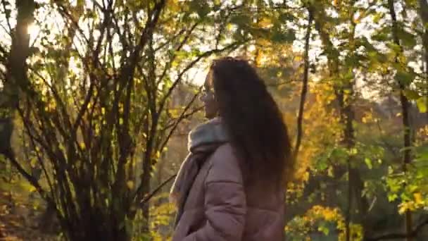 Retrato en perfil de una joven mujer caucásica de pelo rizado caminando en un soleado parque otoñal . — Vídeos de Stock