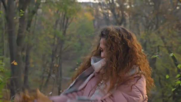 Porträt einer jungen kaukasischen Frau mit lockigem Haar, die im sonnigen herbstlichen Park spaziert und fröhlich gelbe Blätter wirft. — Stockvideo