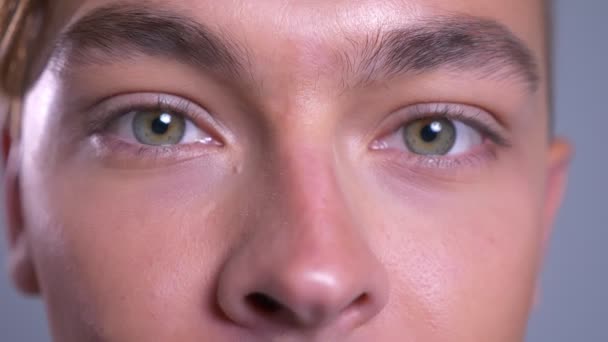 Fechar-se de belos jovens caucasianos olhos cinza masculino olhando em linha reta para a câmera — Vídeo de Stock