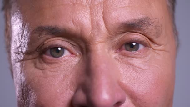 Крупним планом старі зморшкуваті кавказькі чоловічі сірі очі дивиться прямо на камеру з нейтральним виразом обличчя — стокове відео