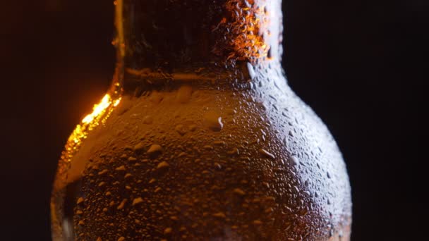 Closeup σουτ του λάμπει λαιμό μπουκάλι παγωμένη μπύρα με το φόντο που απομονώνονται σε μαύρο — Αρχείο Βίντεο
