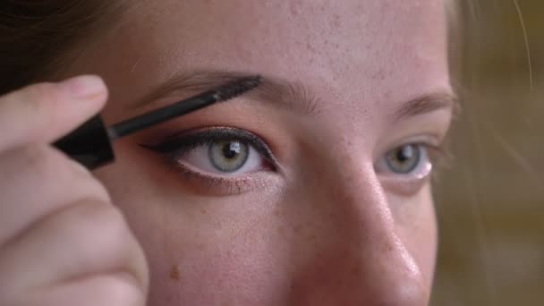 Closeup portrait of young caucasian female makeup artist applying black mascara to tone her eyebrow — Stock Video