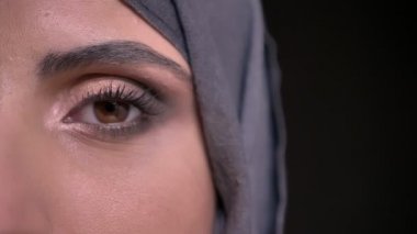 Yakın çekim yarı-portresi hijab parlak makyajlı sevinçle kamera siyah arka plan üzerine içine izlerken güzel Müslüman kadın.