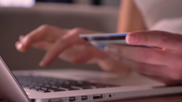 Il primo piano spara di digitazione di mano femminile sul computer portatile e altra mano che tiene una carta di credito. Inserimento dei dati di pagamento shopping online — Video Stock