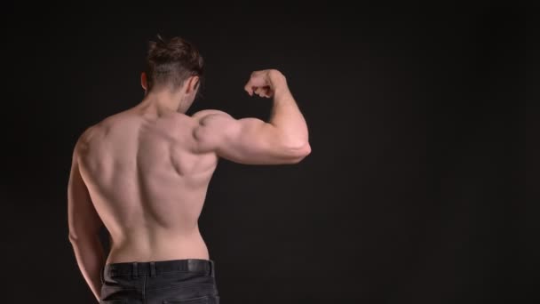 Bakre porträtt av unga kaukasiska man visar hans muskulösa biceps demonstrera sin makt på svart bakgrund. — Stockvideo