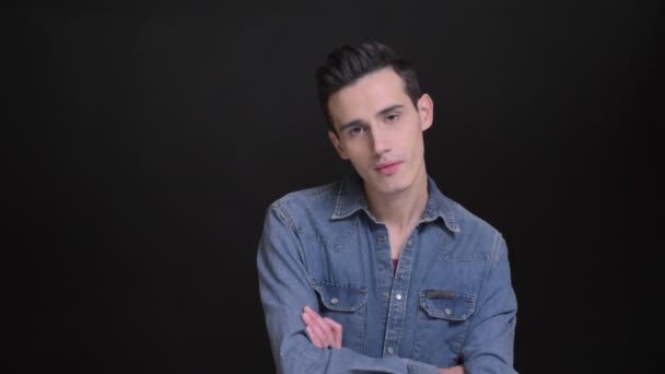 Closeup Portrait Young Caucasian Man Being Skeptical Having His Arms — Stock Video