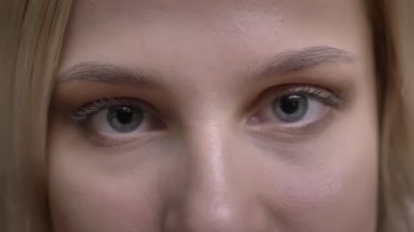 Yakın çekim göz-portre sakin bir şekilde içine kamera siyah arka plan üzerine izlerken kırmızı kazaklı genç beyaz saçlı beyaz kız.