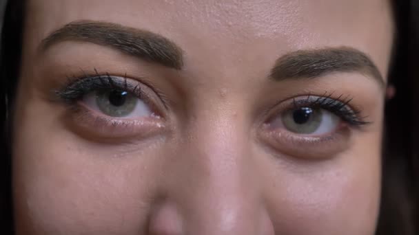Close-up oog-portret van langharige brunette Kaukasische meisje glimlachend in de camera op zwarte achtergrond. — Stockvideo