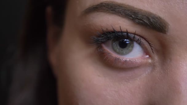 Primer plano un retrato ocular de la joven morena de pelo largo chica caucásica mirando seriamente en la cámara en el fondo negro . — Vídeos de Stock