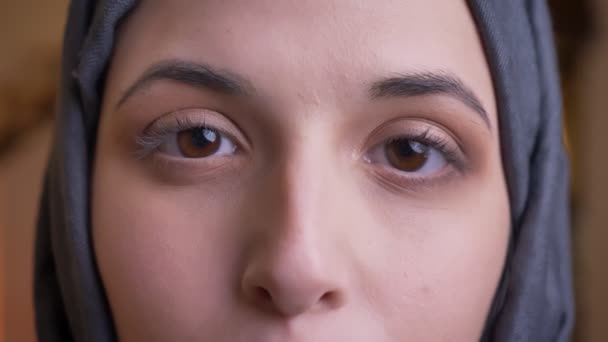 カメラをまっすぐ見て茶色の目で灰色のヒジャーブの若いイスラム教徒の女性の Closdeup の肖像画 — ストック動画