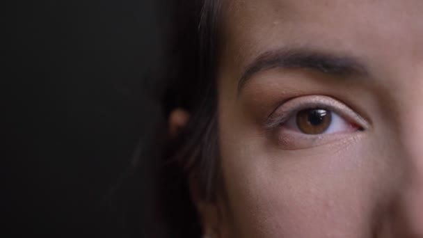 Closeup half-face portrait of young beautiful caucasian female face with brown eye looking straight at camera — Stock Video