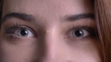 Genç güzel beyaz kadın yüzü düz kameraya heyecanlı yüz ifadesi ile seyir oldukça mavi gözlü tatlı portresi.