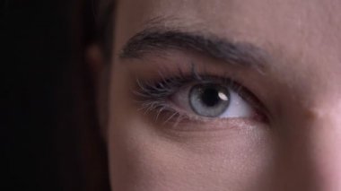 Genç güzel beyaz dişi, ale yüz doğruca kameraya gülümseyen yüz ifadesi ile seyir mavi gözlü tatlı yarı-yüz portresi