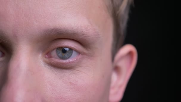 Closeup half-face portrait of young handsome caucasian male face with blue eye looking straight at camera — Stock Video