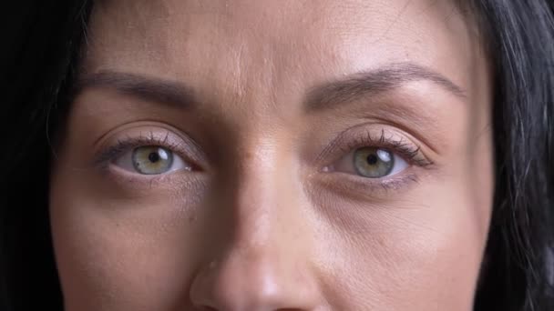 Retrato de primer plano de la hermosa cara femenina caucásica adulta con ojos grises mirando directamente a la cámara . — Vídeo de stock