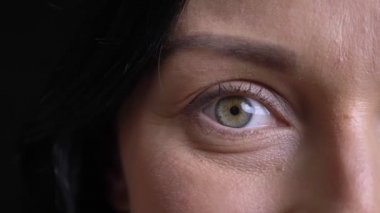 Doğruca kameraya gülümseyen yüz ifadesi ile seyir gri göz ile güzel yetişkin kadın yüzü closeup yarı-yüz portresi