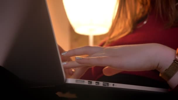 Closeup shoot of female hands typing on the laptop in a cozy apartment indoors — Stock Video