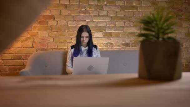 Portrait de jeune belle caucasienne hipster femelle tapant sur l'ordinateur portable dans un appartement confortable à l'intérieur — Video