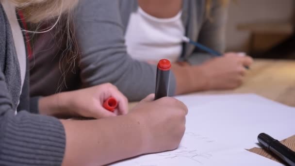 Primer plano de la pequeña niña dulce ysu joven hermosa madre dibujo y pasar tiempo juntos — Vídeos de Stock