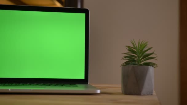 Tiro de close-up de uma tela de croma verde do laptop deitado na mesa ao lado da pequena fábrica no escritório dentro de casa — Vídeo de Stock