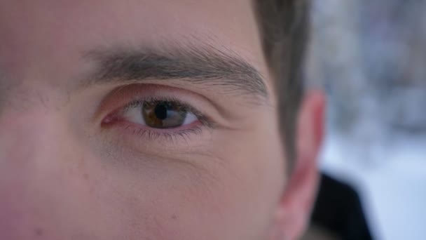 Primer plano de media cara de joven atractiva cara masculina caucásica con ojo marrón mirando a la cámara con expresión facial sonriente — Vídeos de Stock