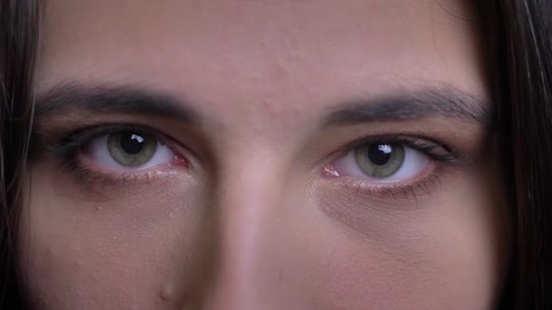 Portrait rapproché de jeune visage féminin caucasien attrayant aux yeux verts regardant la caméra avec une expression faciale souriante — Video