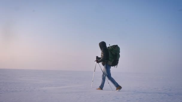 山の棒と巨大な袋を持つ男性のバックパッカーのプロファイルの肖像雪のフィールドに沿ってゆっくりと leftwards 歩いて. — ストック動画
