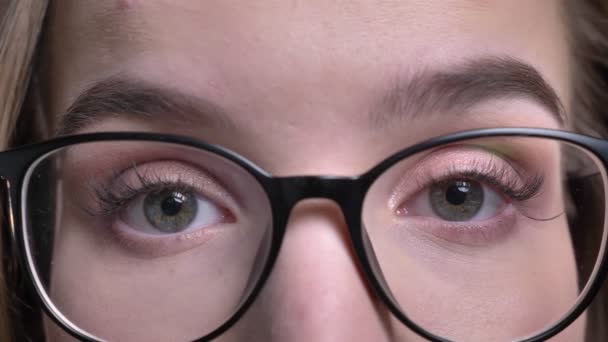 Съемка крупным планом привлекательного женского лица хипстера в очках с глазами, смотрящими прямо в камеру — стоковое видео