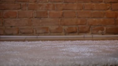 Yakın çekim çekim kadın bacak bricken duvar arka plan üzerinde tüylü bir halı üzerinde ileriye kaçmak.