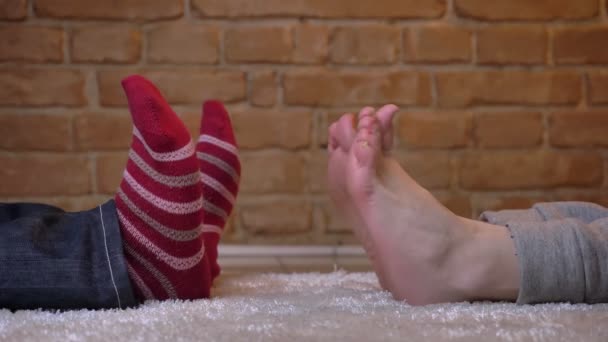 Profilaufnahme von weiblichen und männlichen Beinen, die einander gegenüberliegen und sich freudig auf einem pelzigen Teppich bewegen. — Stockvideo