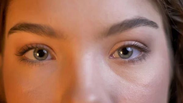 Close-up tiro de jovem atraente caucasiano fêmea com seus olhos olhando em linha reta para câmera em expressão bonito — Fotografia de Stock