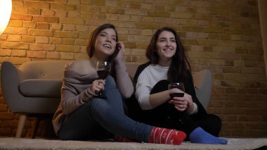 Tv izlerken ve şarap ile katta oturan ve mutlu bir şekilde gülerek rahat bir daire içinde kapalı iken soğutma iki genç güzel kadın portresi portre