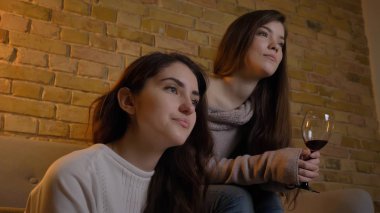 Portre yan görünümü Tv izlerken, rahat bir daire içinde kapalı şarap içme iki genç güzel kadın portresi